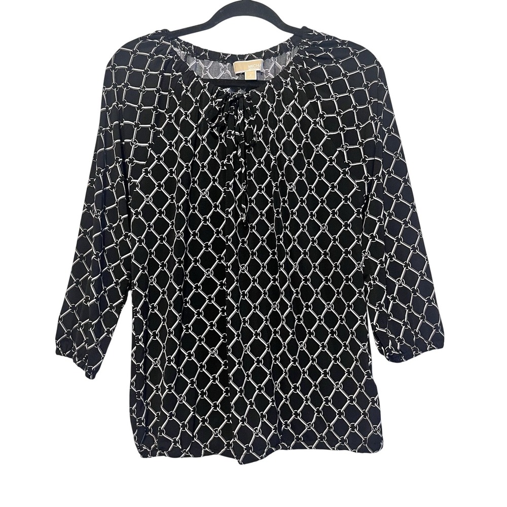 Michael Kors Blouse Womens Black White Chain Link Logo Tie Neck Top Size S